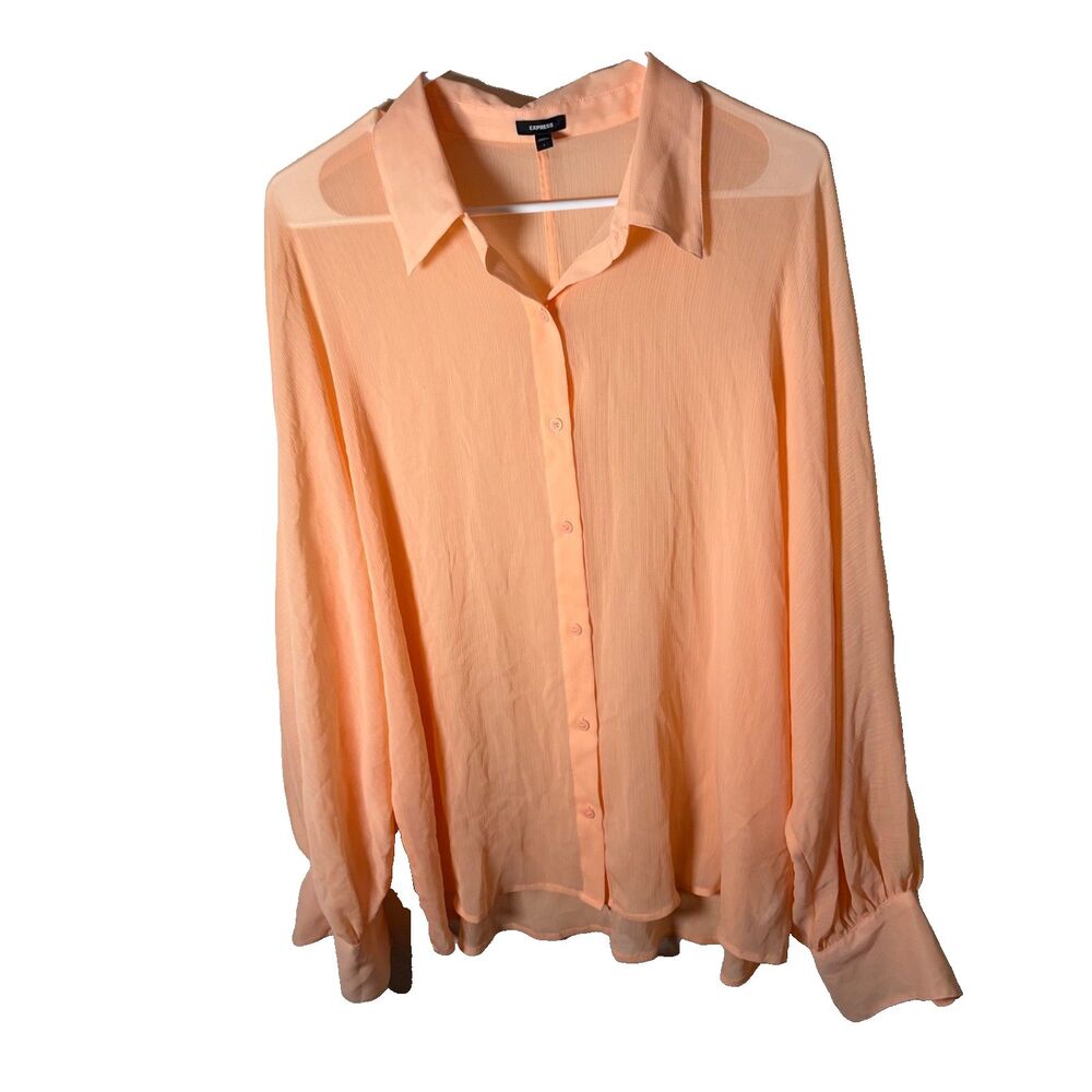 Express Shirt Women's Large Sheer Orange Button Up Lightweight Collared Top